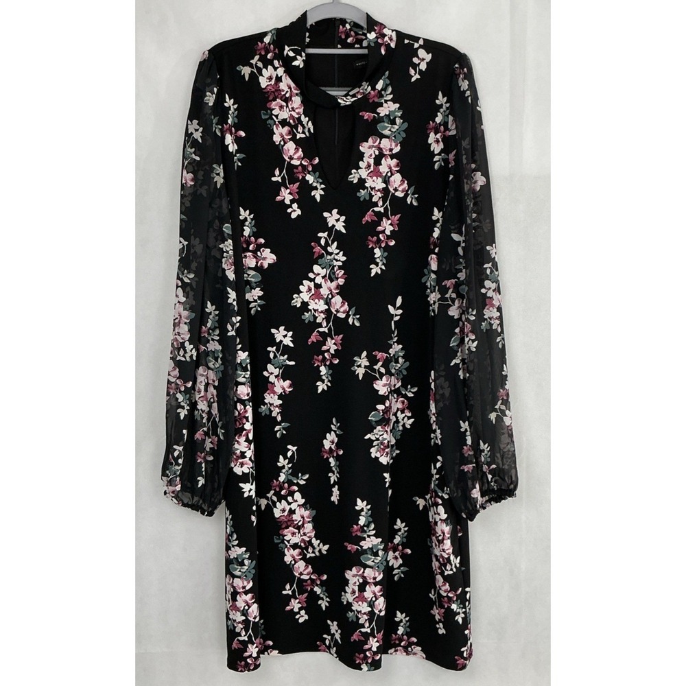 White House Black Market Delilah Floral Chiffon Keyhole Dress XL Black